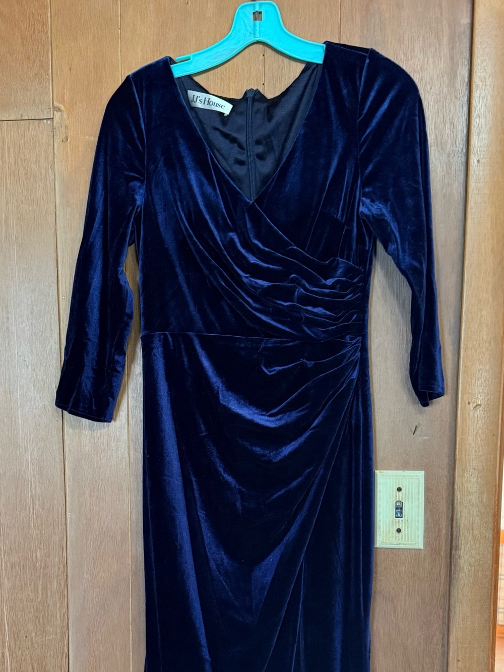 JJs House Midnight Blue Velvet Long Sleeve Wrap Dress